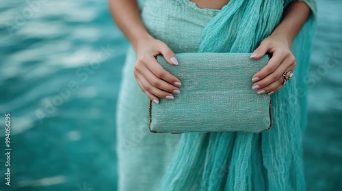 An elegant image featuring a woman standing by the water in a teal outfit holding a matching teal clutch bag, capturing the calm and affluent feel of the scene. photo