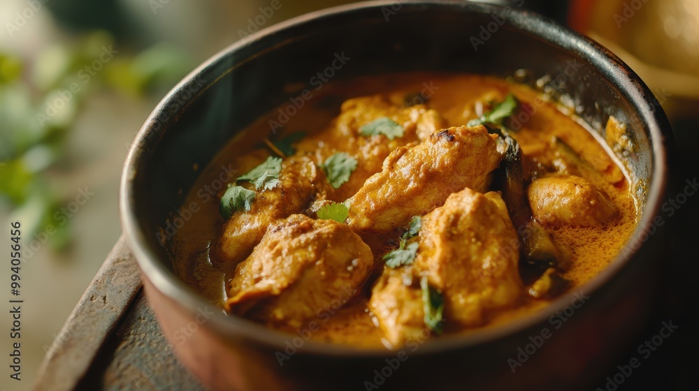 A bowl of spicy chicken curry garnished with fresh cilantro. A bowl of spicy chicken curry garnished with fresh cilantro.