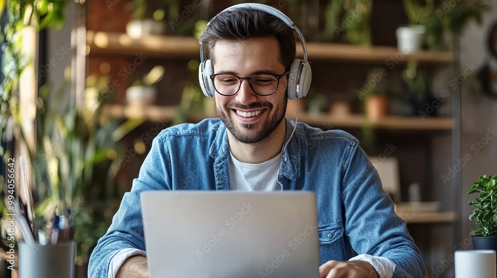 Happy Man Working on Laptop Happy Man Working on Laptop