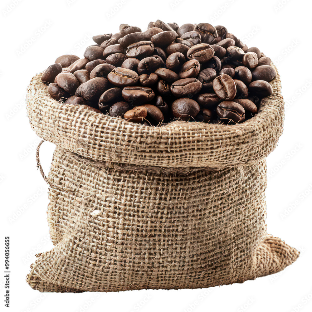 Burlap sack overflowing with roasted coffee beans, isolated on a white background Burlap sack overflowing with roasted coffee beans, isolated on a white background