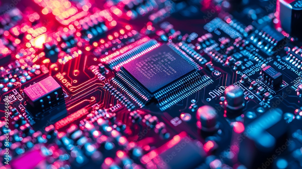 Close-up of a vibrant circuit board with glowing lights in blue and red hues. Close-up of a vibrant circuit board with glowing lights in blue and red hues.