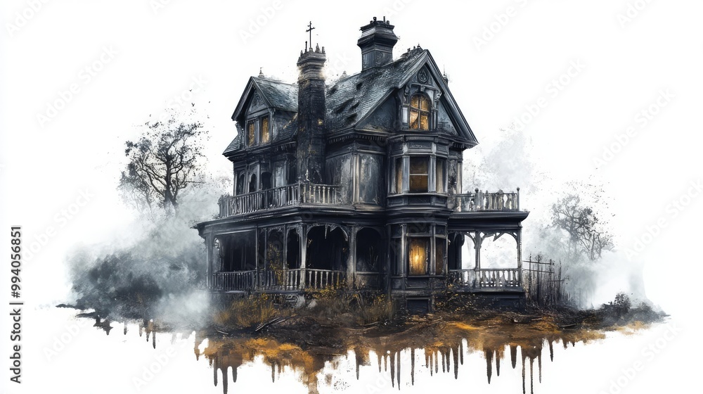 Obraz premium An eerie, vintage mansion shrouded in fog, showcasing intricate architecture and a haunting atmosphere perfect for horror themes.