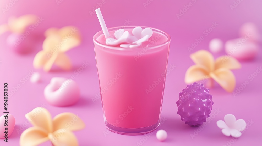 A vibrant pink drink garnished with flowers, set against a soft pink background. A vibrant pink drink garnished with flowers, set against a soft pink background.