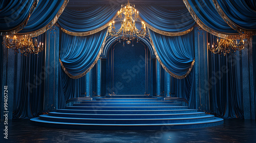 A majestic stage adorned with elegant blue drapes and shimmering chandeliers