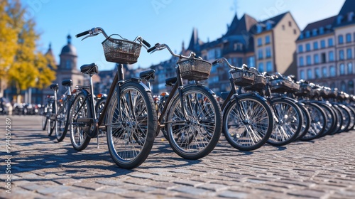 Row of Bicycles Parked in European City Street