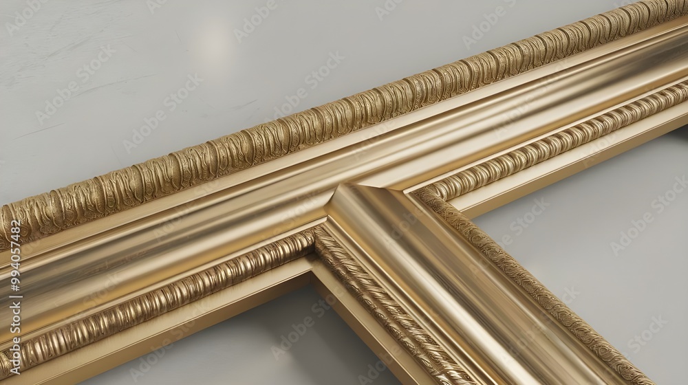 Close-up of an empty white poster frame with a gold frame and trim, rendered in 3D. Close-up of an empty white poster frame with a gold frame and trim, rendered in 3D.