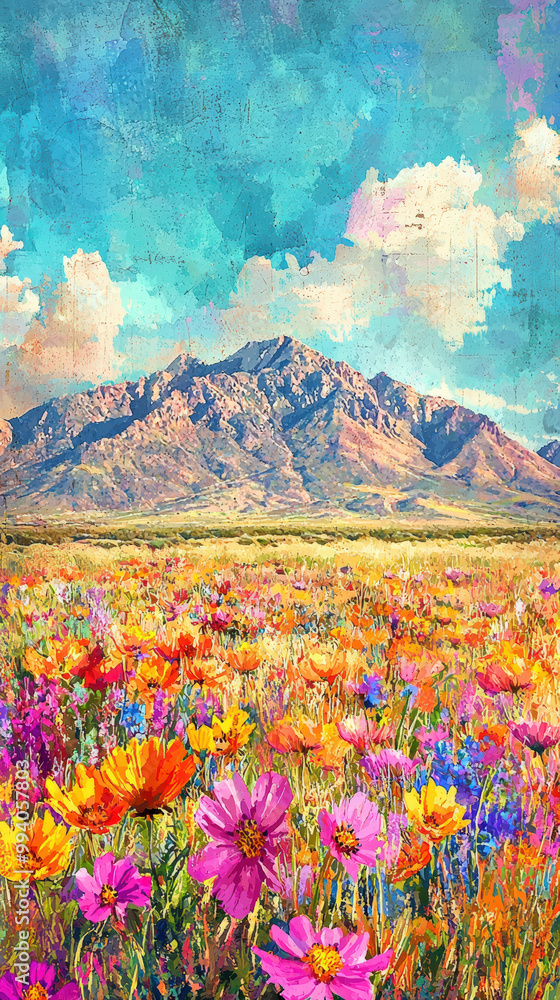 A vibrant landscape featuring an expansive desert adorned with colorful wildflowers, set against majestic mountains under bright blue sky. scene evokes sense of tranquility and beauty A vibrant landscape featuring an expansive desert adorned with colorful wildflowers, set against majestic mountains under bright blue sky. scene evokes sense of tranquility and beauty