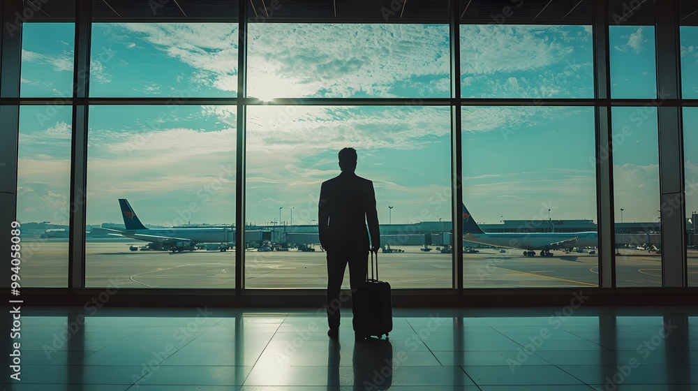 Silhouetted businessman waiting at the airport with a suitcase. Silhouetted businessman waiting at the airport with a suitcase.