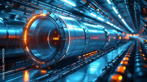 Futuristic metallic tunnel with glowing elements in a sci-fi environment.