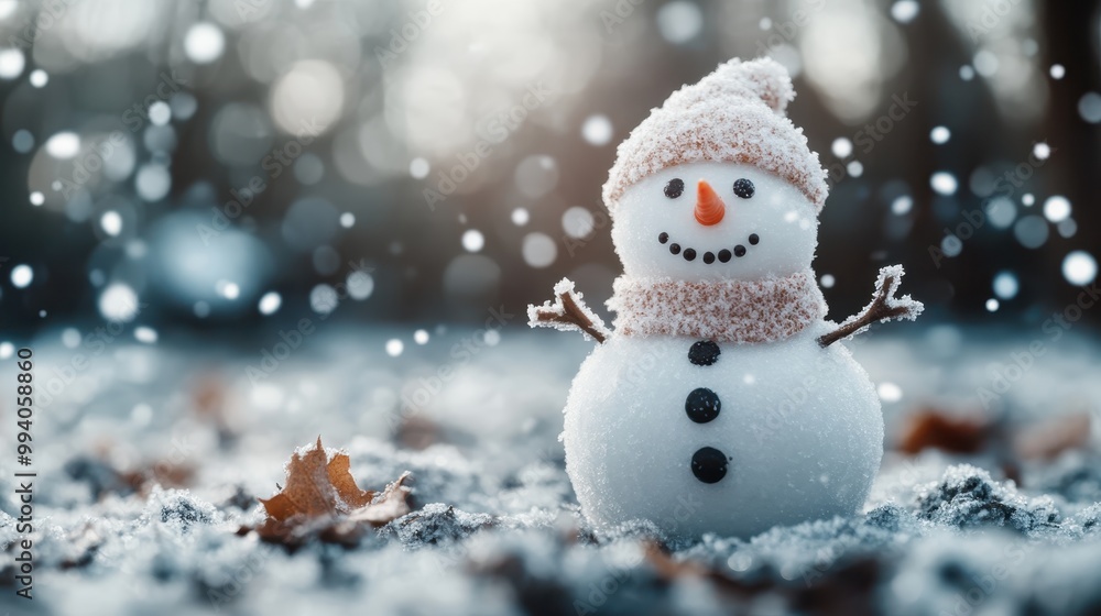 Charming snowman decked in a white hat and scarf, standing on snow-covered ground with scattered leaves around, enjoying the gentle snowfall against a natural background. Charming snowman decked in a white hat and scarf, standing on snow-covered ground with scattered leaves around, enjoying the gentle snowfall against a natural background.