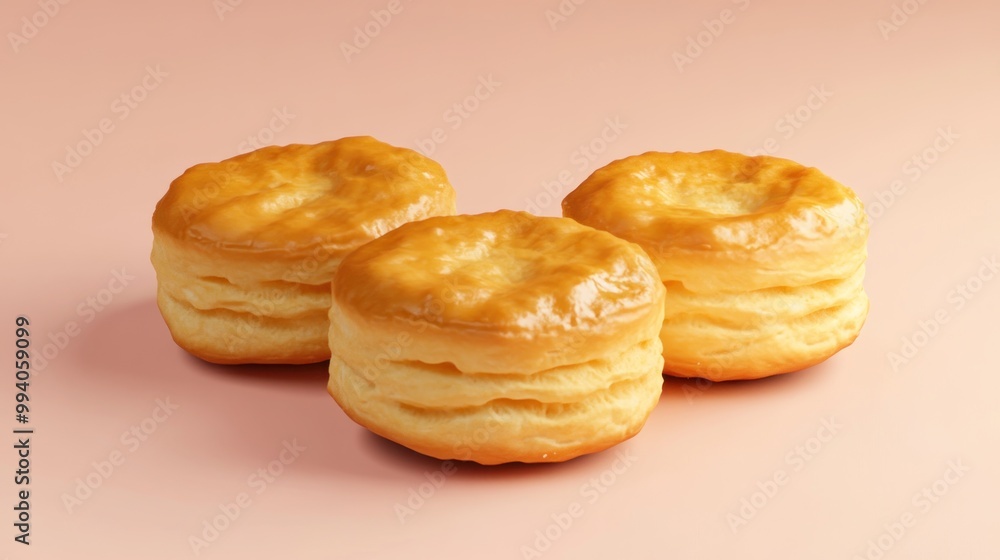 Three golden, flaky biscuits stacked on a soft pink background. Three golden, flaky biscuits stacked on a soft pink background.