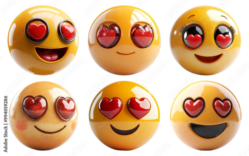 Set of smiley face emojis with heart-shaped eyes isolated on transparent background Set of smiley face emojis with heart-shaped eyes isolated on transparent background