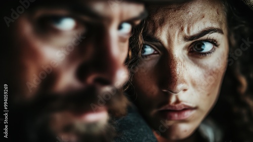 A pair of individuals locked in a tense stare, their expressions and close proximity highlighting an undercurrent of dramatic tension and complex interpersonal dynamics. photo