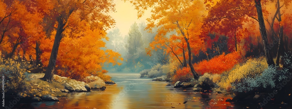 A picturesque autumn landscape, with trees adorned in vibrant hues of orange and red A picturesque autumn landscape, with trees adorned in vibrant hues of orange and red