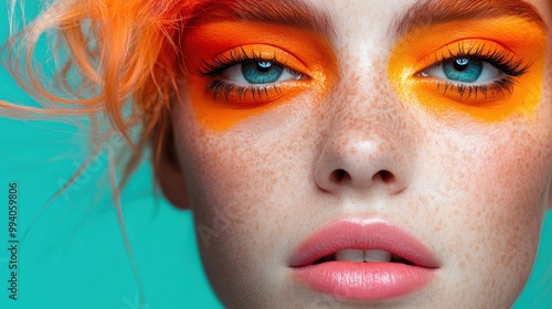 A close-up shot of a face with freckles accentuated by vibrant orange and yellow eye makeup, presenting an artistic, bold and striking contrast against blue eyes. photo