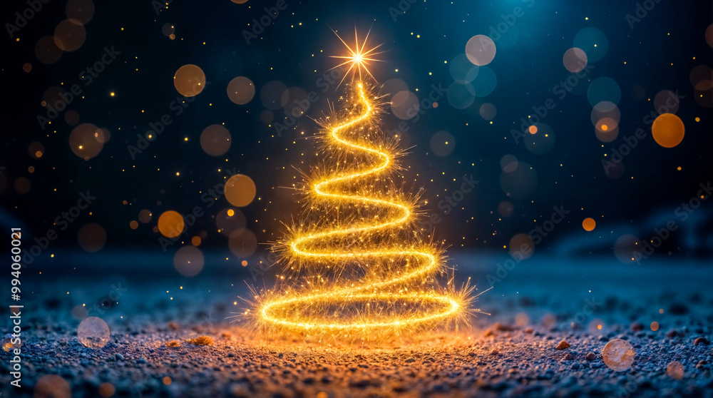 Albero di Natale stilizzato con luci dorate su sfondo blu notte
