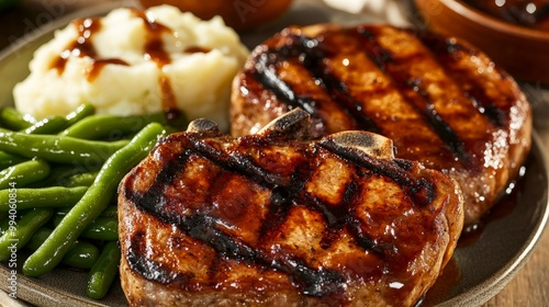 Grilled Pork Chops with Mashed Potatoes and Green Beans photo