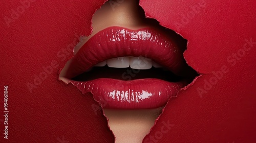 A visually striking image of glossy red lips set against a backdrop of dramatically torn red paper, merging beauty and art in a modern portrayal of elegance and allure. photo