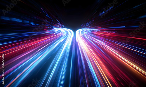 Data speed lines on a dark background, representing the concept of optical cables and high internet speed. Lines of light symbolizing the flow of information