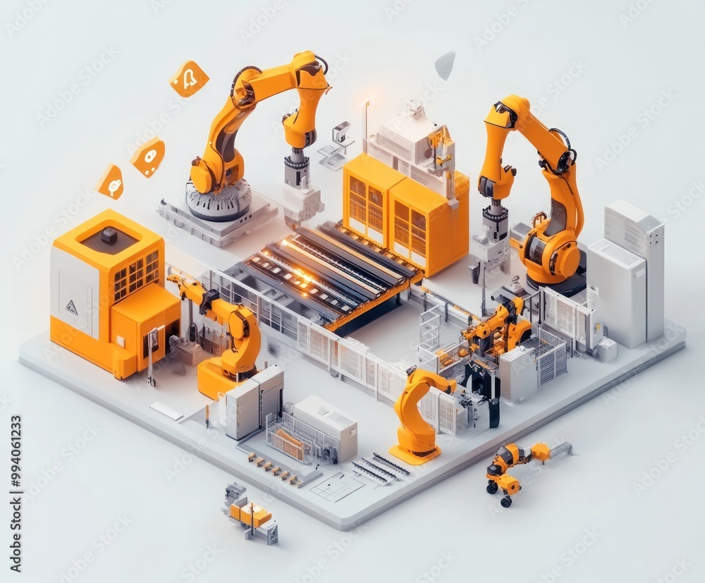 A digital illustration of an industrial automation setup with robotic arms and machinery. A digital illustration of an industrial automation setup with robotic arms and machinery.