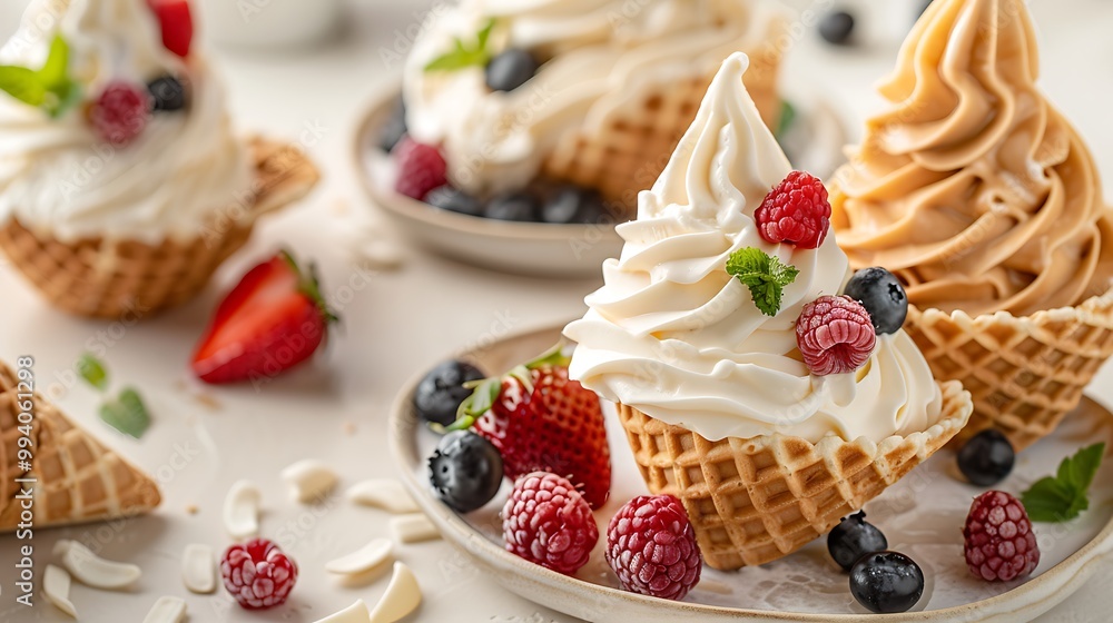 Smooth creamy or vanilla frozen yogurt comes in a waffle like cones Smooth creamy or vanilla frozen yogurt comes in a waffle like cones