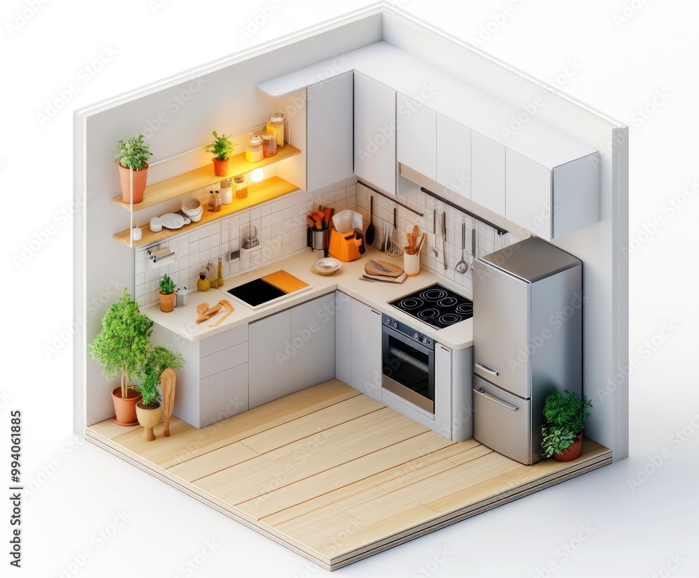 A modern kitchen design featuring appliances, utensils, and plants for a functional space. A modern kitchen design featuring appliances, utensils, and plants for a functional space.