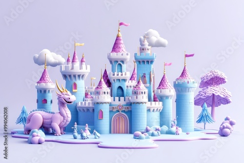 A whimsical castle scene with a friendly dragon and pastel colors. photo