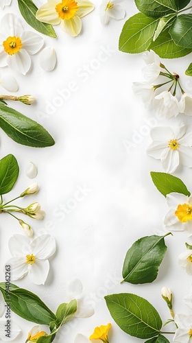 Spring flat lay cherry blossoms daffodils green leaves vibrant pastels hyperrealistic natural textures white surface