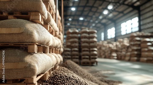 Coffee Beans in Warehouse with Pallet and Sacks