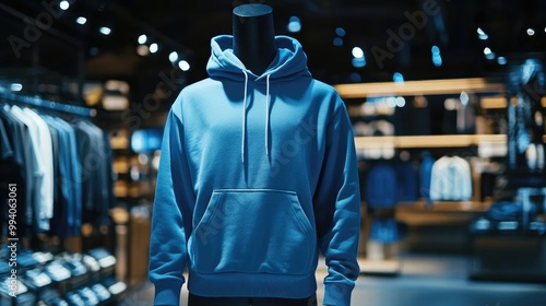 Store display featuring a blue hoodie on a mannequin, perfect for retail mockup or branding purposes.