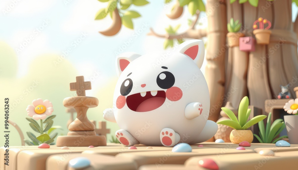 3D cartoon cat with happy expression sitting on a wooden platform. 3D cartoon cat with happy expression sitting on a wooden platform.