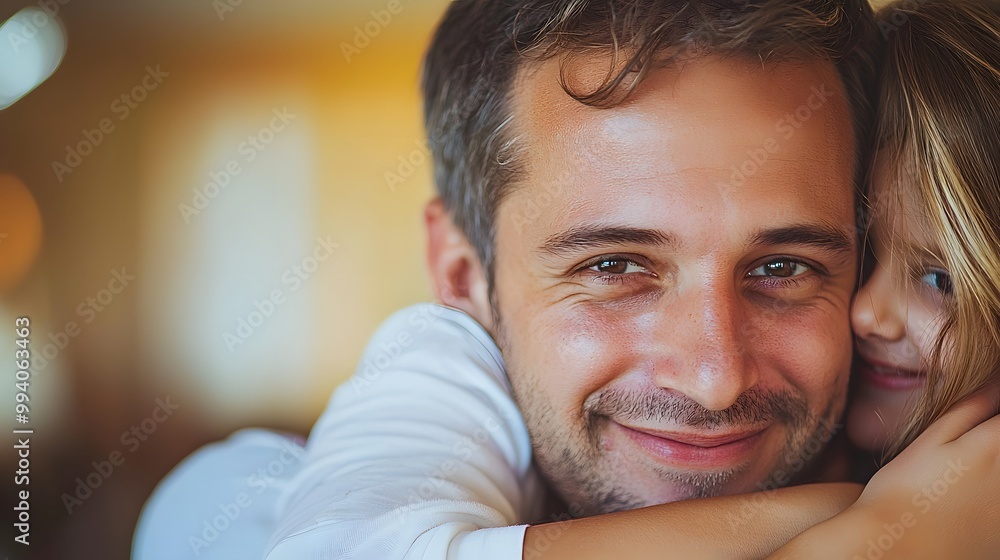 Smiling Caucasian man with his daughter, enjoying a warm embrace indoors. Smiling Caucasian man with his daughter, enjoying a warm embrace indoors.