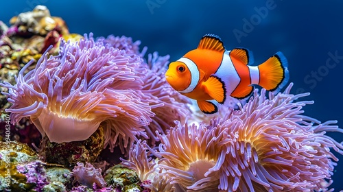 A vibrant clownfish swimming among pink sea anemones in a colorful coral reef.