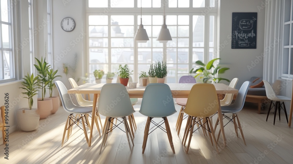 A bright dining area with a large table surrounded by colorful chairs and potted plants. A bright dining area with a large table surrounded by colorful chairs and potted plants.
