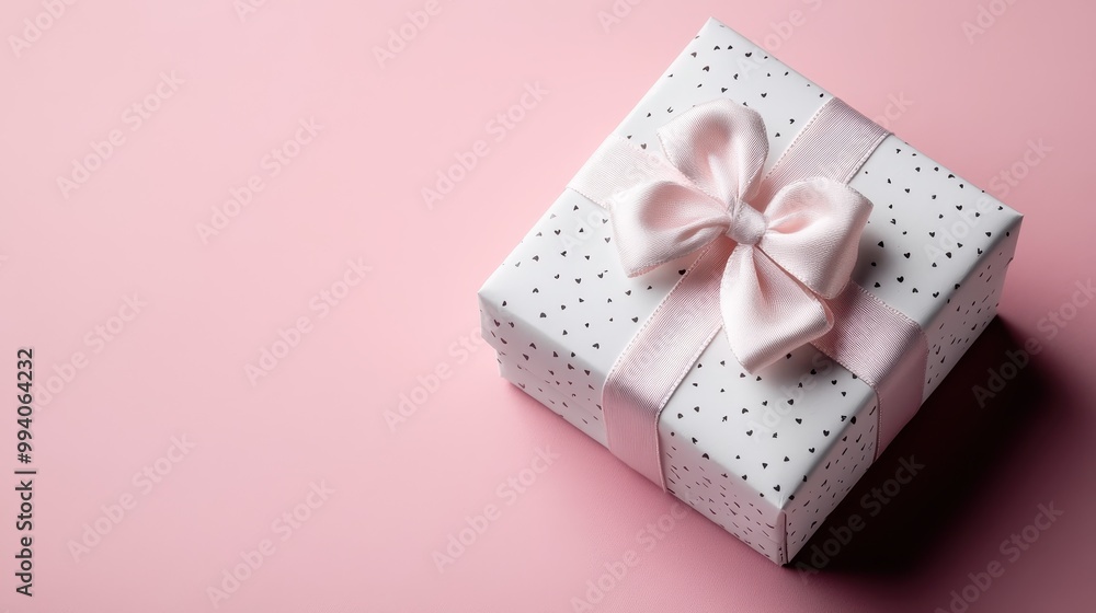 A beautifully wrapped white gift box with polka dots and a pink ribbon bow, elegantly placed on a pink background, perfect for celebrations and special occasions. A beautifully wrapped white gift box with polka dots and a pink ribbon bow, elegantly placed on a pink background, perfect for celebrations and special occasions.