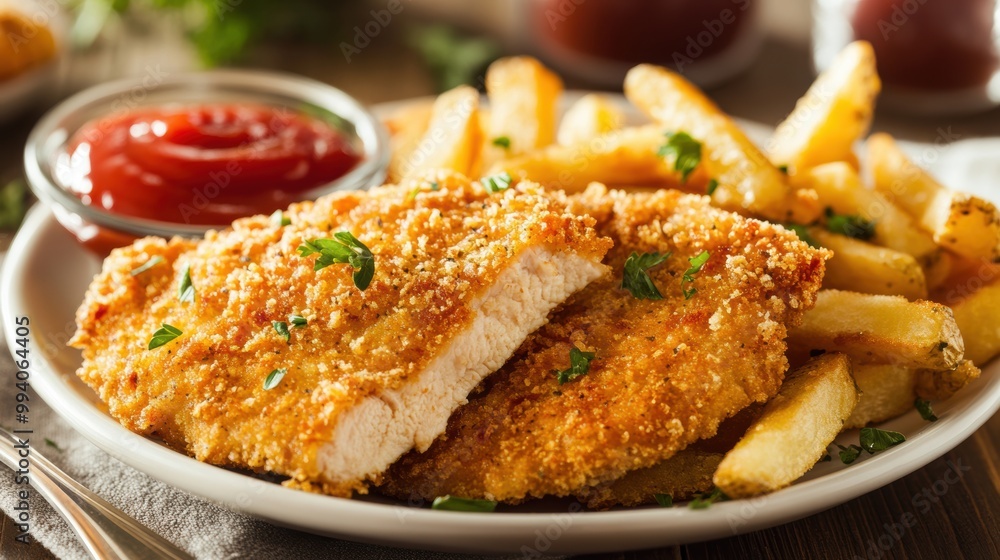 Crispy breaded chicken cutlet with golden french fries ketchup Crispy breaded chicken cutlet with golden french fries ketchup