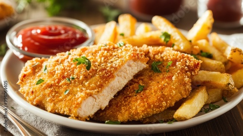 Crispy breaded chicken cutlet with golden french fries ketchup