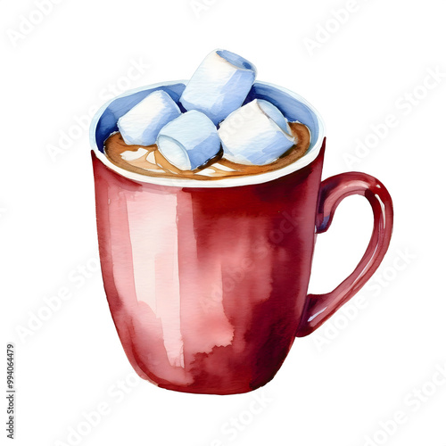 Christmas-red color themed watercolor clipart hand drawing Hot Cocoa – With marshmallows in a festive mug