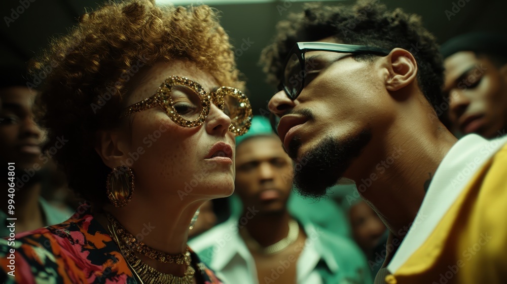 An intense face-off captured between two stylish individuals, highlighting contrasting emotions and fashion in a dynamic, expressive atmosphere. An intense face-off captured between two stylish individuals, highlighting contrasting emotions and fashion in a dynamic, expressive atmosphere.