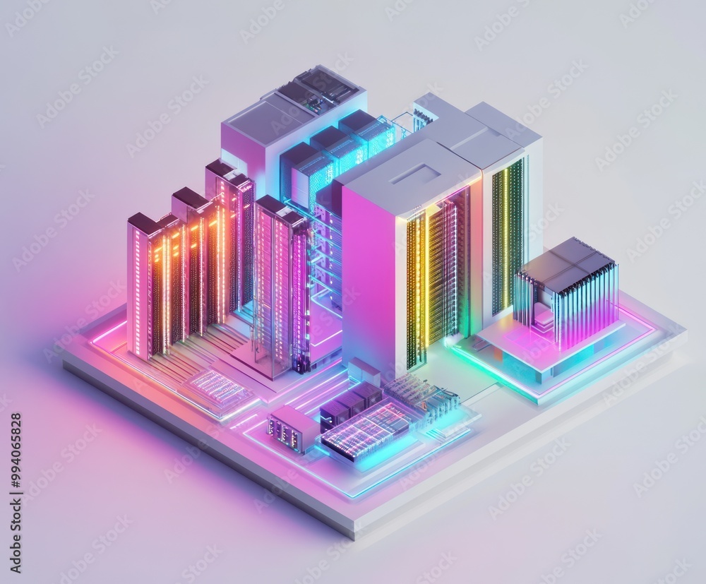A futuristic cityscape featuring illuminated buildings and data centers. A futuristic cityscape featuring illuminated buildings and data centers.