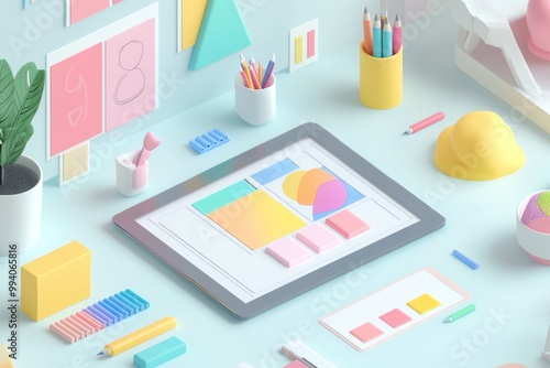 A vibrant workspace with design tools and colorful elements for creative projects.