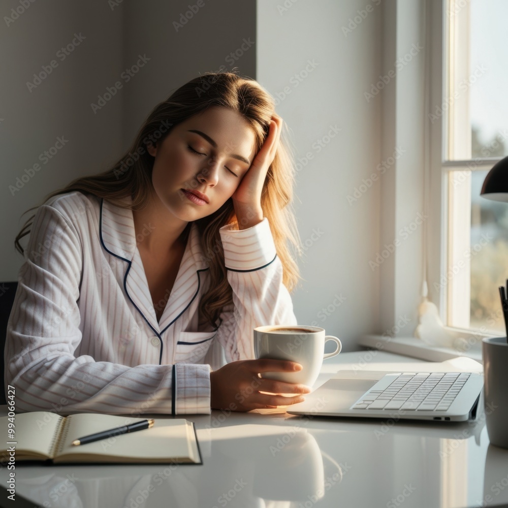 Sleepy Woman in Pajamas Holding Coffee at Her Desk Sleepy Woman in Pajamas Holding Coffee at Her Desk