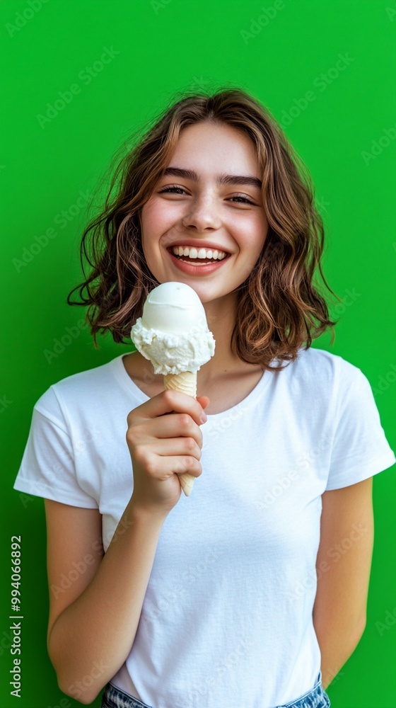 Joyful young woman with wavy hair enjoying a creamy scoop of vanilla ice cream against a vibrant green background, radiating happiness and summer vibes. Joyful young woman with wavy hair enjoying a creamy scoop of vanilla ice cream against a vibrant green background, radiating happiness and summer vibes.
