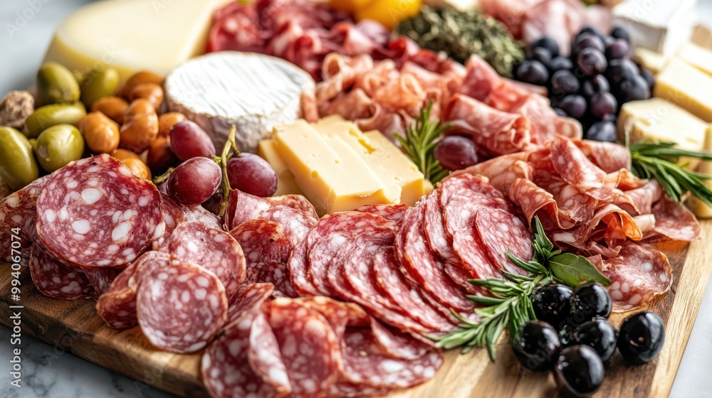 A vibrant charcuterie board with various meats, cheeses, olives, and fresh grapes. A vibrant charcuterie board with various meats, cheeses, olives, and fresh grapes.