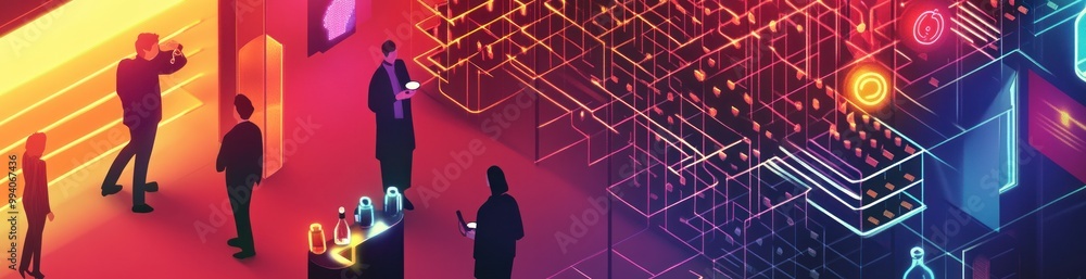 Fototapeta premium A vibrant digital scene depicting people interacting with technology and data visualization.