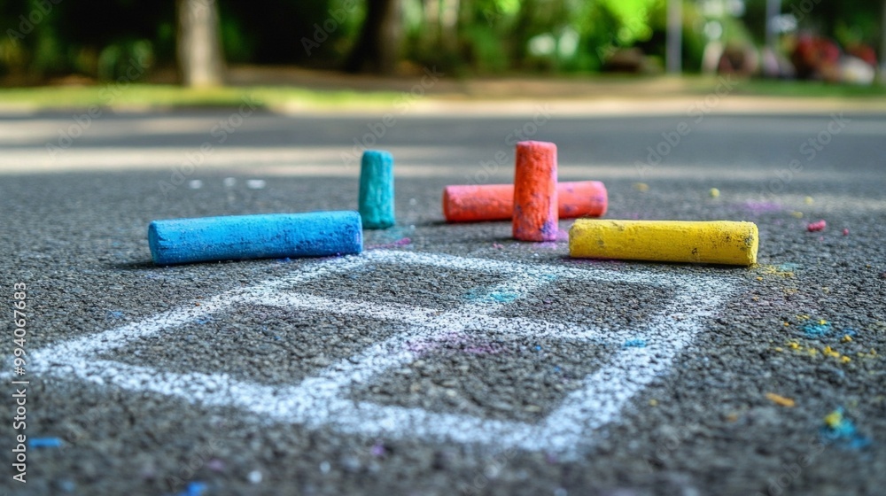 Colorful chalk pieces scattered on asphalt next to a hand-drawn hopscotch game, blending childhood nostalgia with vibrant outdoor play on a sunny day. Colorful chalk pieces scattered on asphalt next to a hand-drawn hopscotch game, blending childhood nostalgia with vibrant outdoor play on a sunny day.