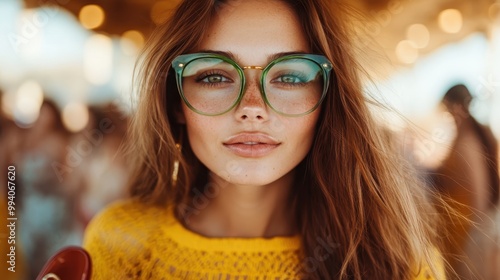 A young woman wearing glasses stands confidently in bright sunlight, her face framed by long hair, expressing intellect and individuality in a fashionable setting. photo