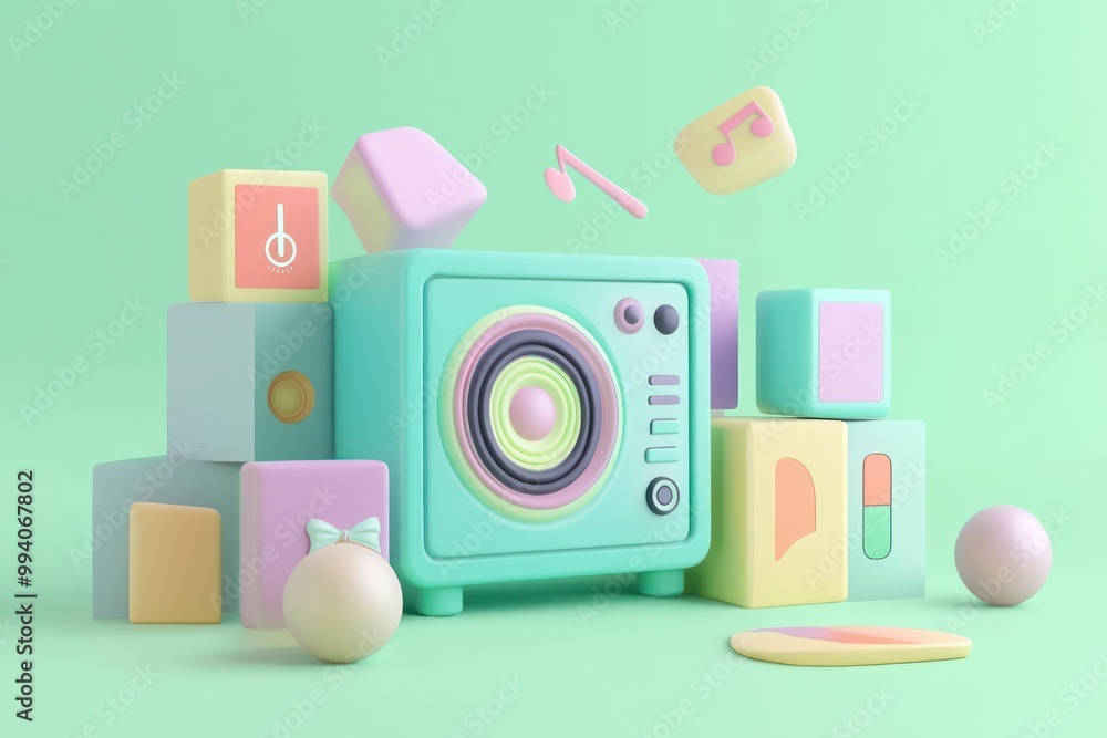 A playful arrangement of pastel-colored blocks and a retro-style speaker in a mint background.