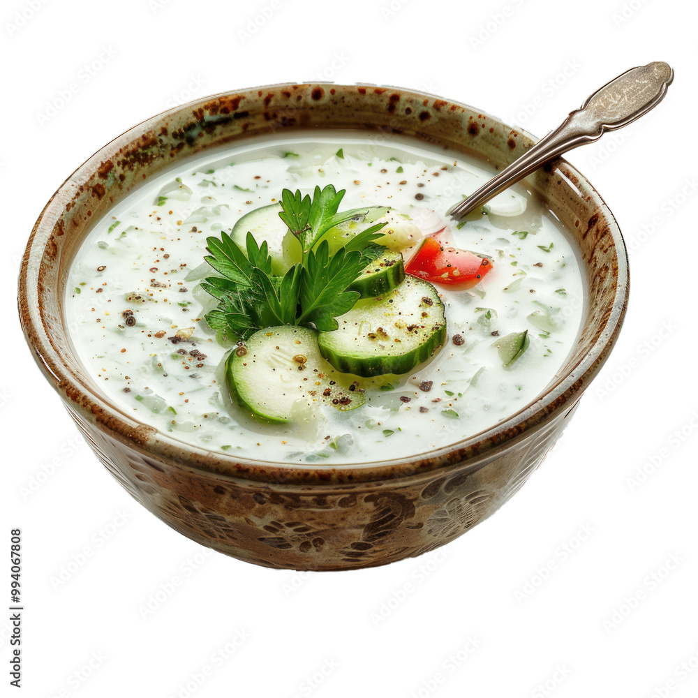 Refreshing summer soup served in a bowl, featuring fresh cucumbers, parsley, and a sprinkle of spices Refreshing summer soup served in a bowl, featuring fresh cucumbers, parsley, and a sprinkle of spices