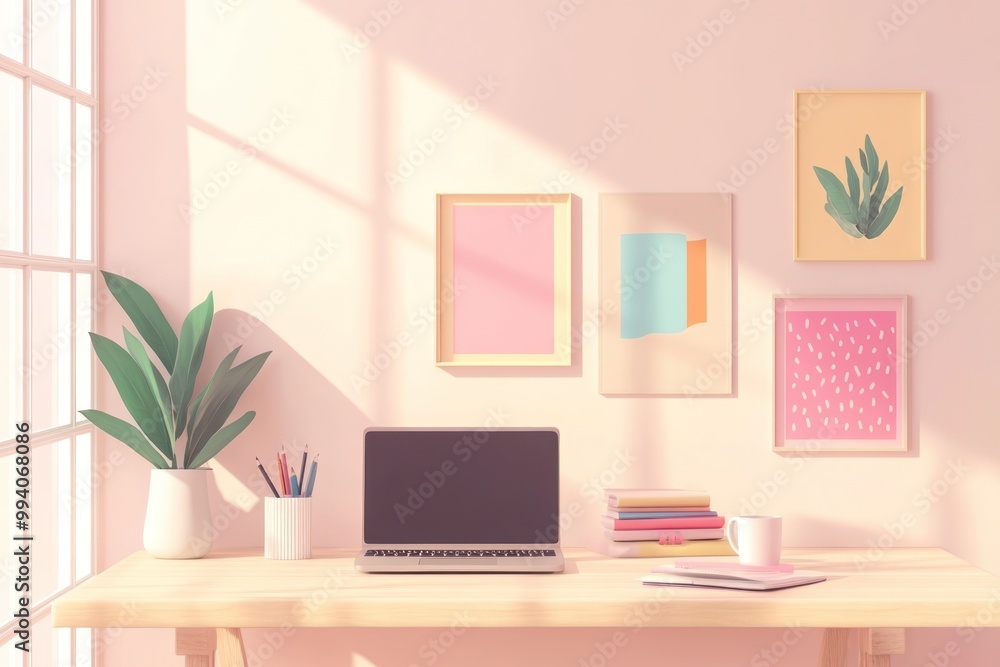 A serene workspace featuring a laptop, plant, and colorful wall art. A serene workspace featuring a laptop, plant, and colorful wall art.